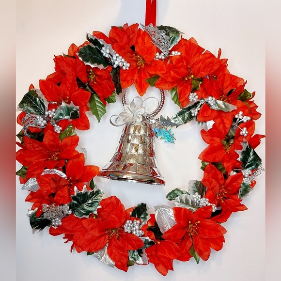 "Silver Bells" Handmade Floral Christmas Wreath Red and Silver 18x18 - Picture 1 of 5